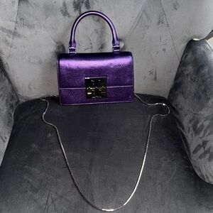 Tory Burch Vibrant Violet Mini Bon Bon Metallic Top Handle Bag